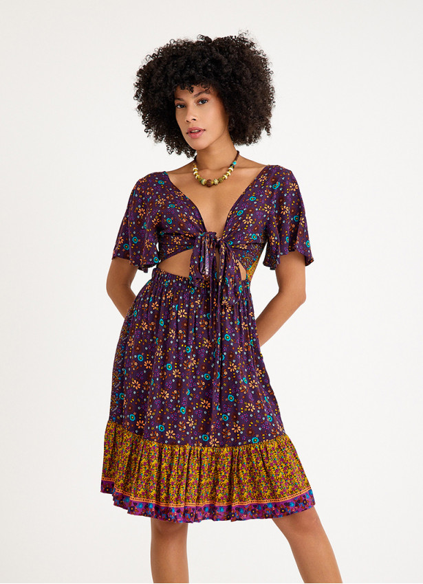 Border Hem Detail Tie Front Purple Floral Summer Dress